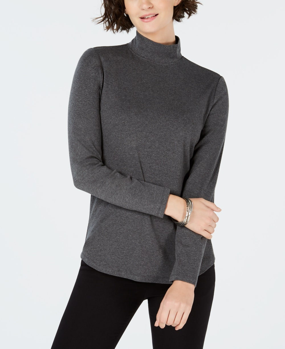 Charter Club Women's Cotton Mock-Neck Top Dark Gray Size X-Small