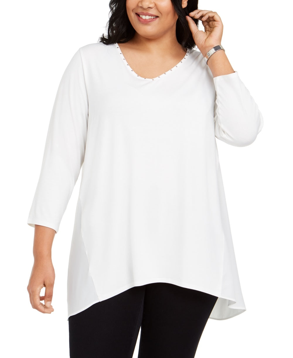 JM Collection Women's Plus Size Studded Mixed Media Top White Size 0X