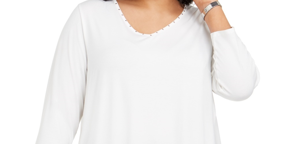 JM Collection Women's Plus Size Studded Mixed Media Top White Size 0X