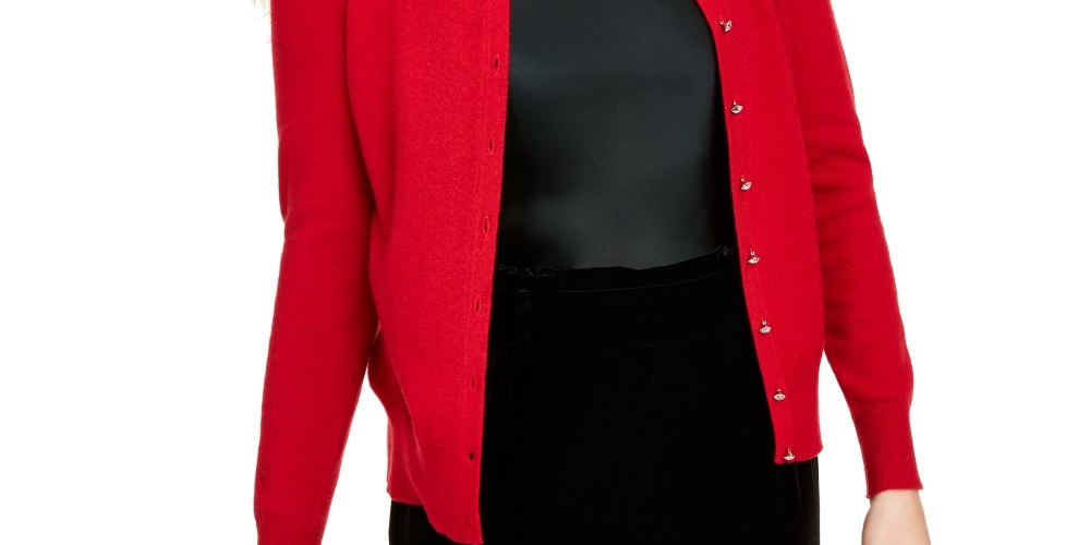 Charter Club Women's Cashmere Crystal Button Cardigan Red Size Petite Medium