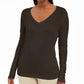 JM Collection Women's Embellished-Sleeve V-Neck Sweater Brown Size Large