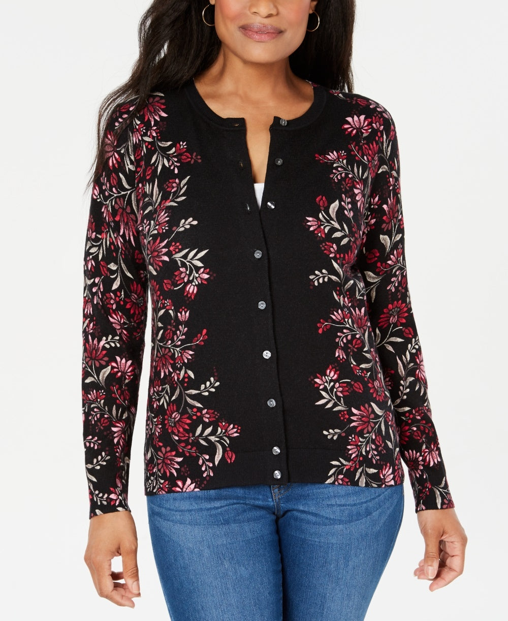 Karen Scott Women's Floral-Print Button-Up Cardigan  Medium Red Size X-Small