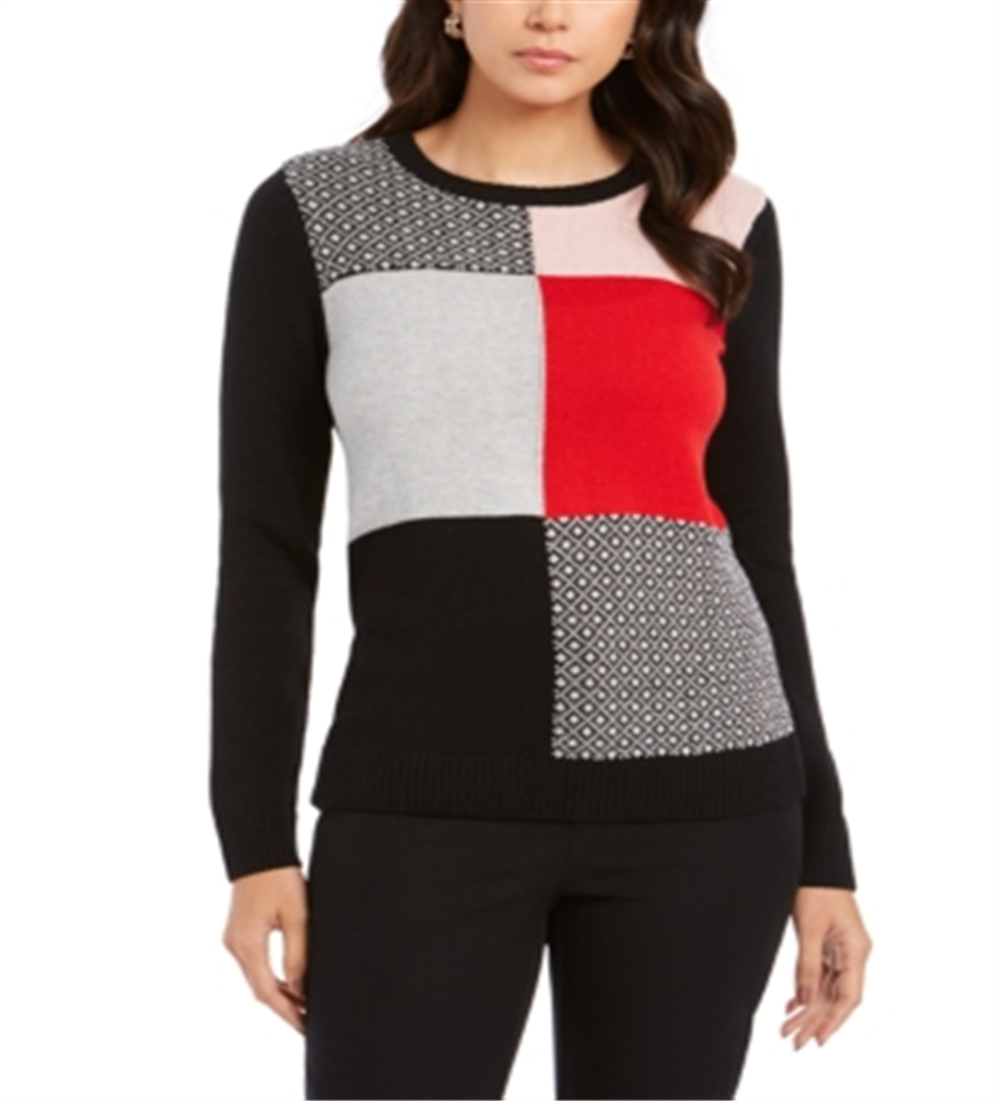Charter Club Women's Patchwork Sweater Black Size Petite Medium