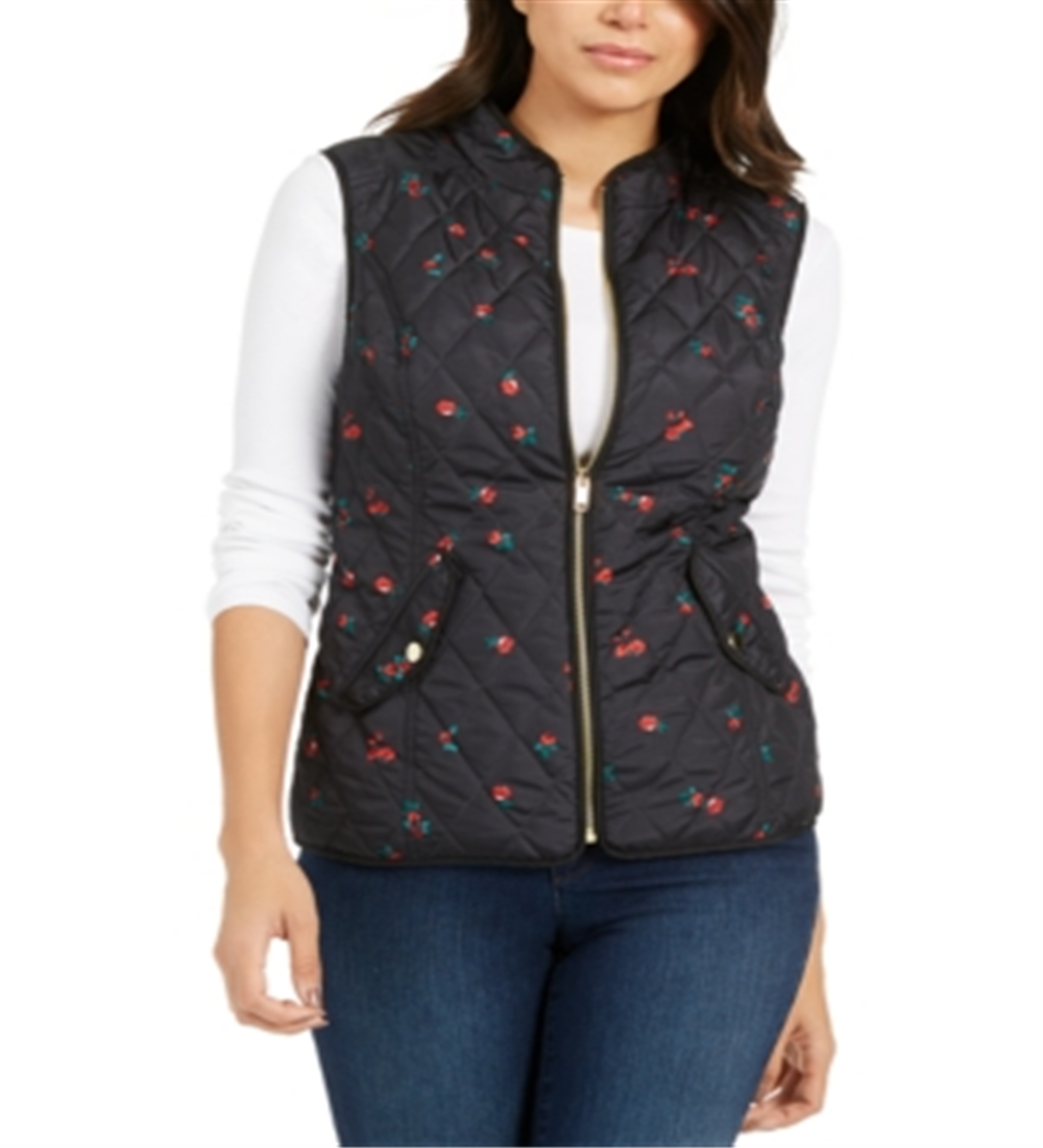 Charter Club Women's Quilted Floral Print Zipper Vest Black Floral  Size Petite L
