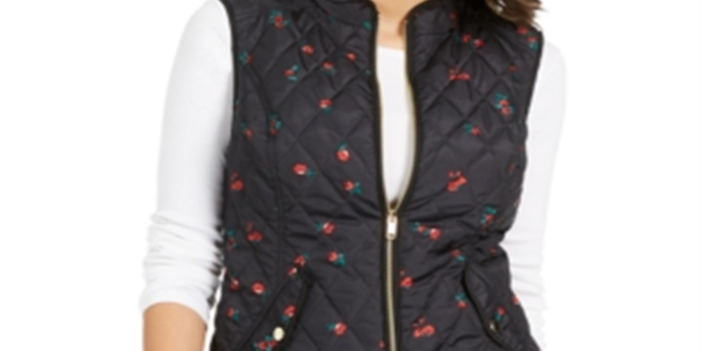 Charter Club Women's Quilted Floral Print Zipper Vest Black Floral  Size Petite L