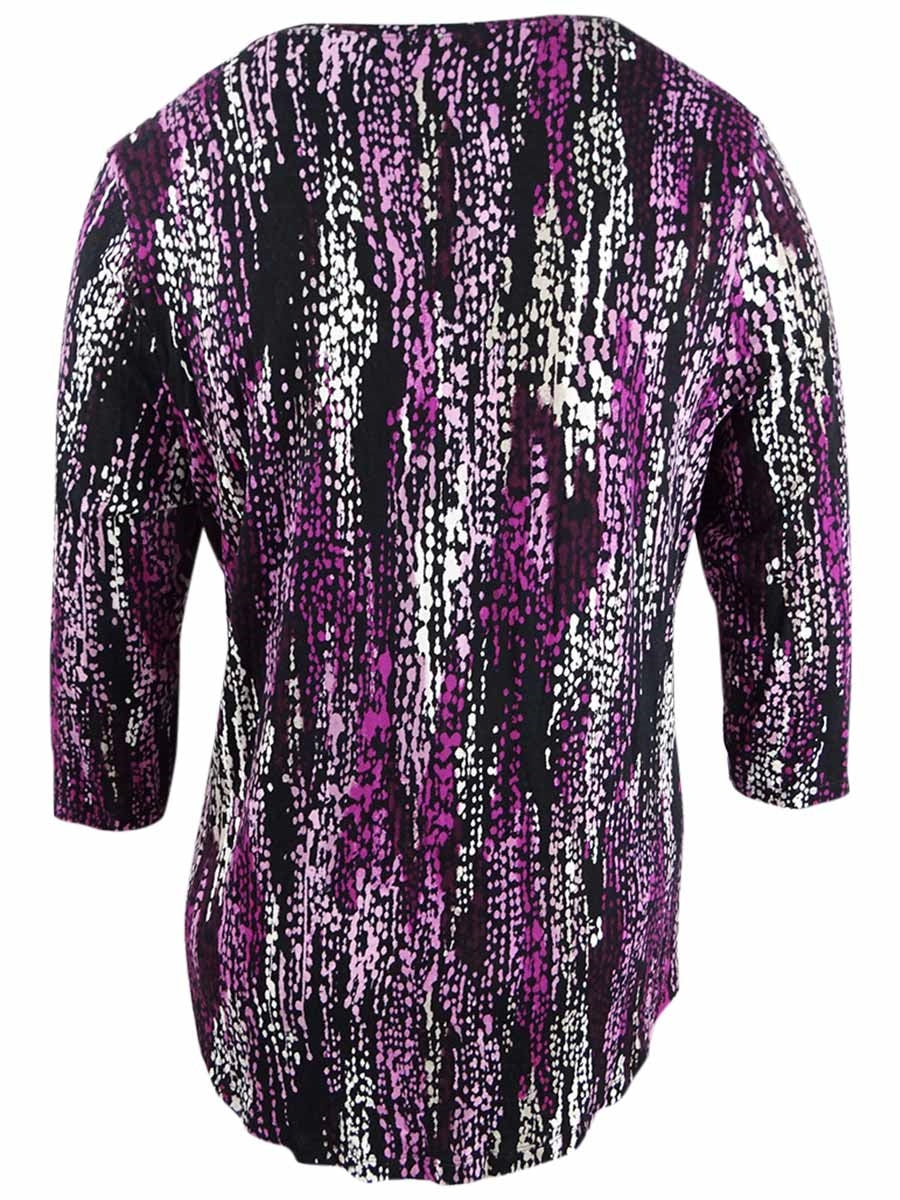 JM Collection Women's Plus Printed Scoop Neck Top Black/Pink  Size 0X