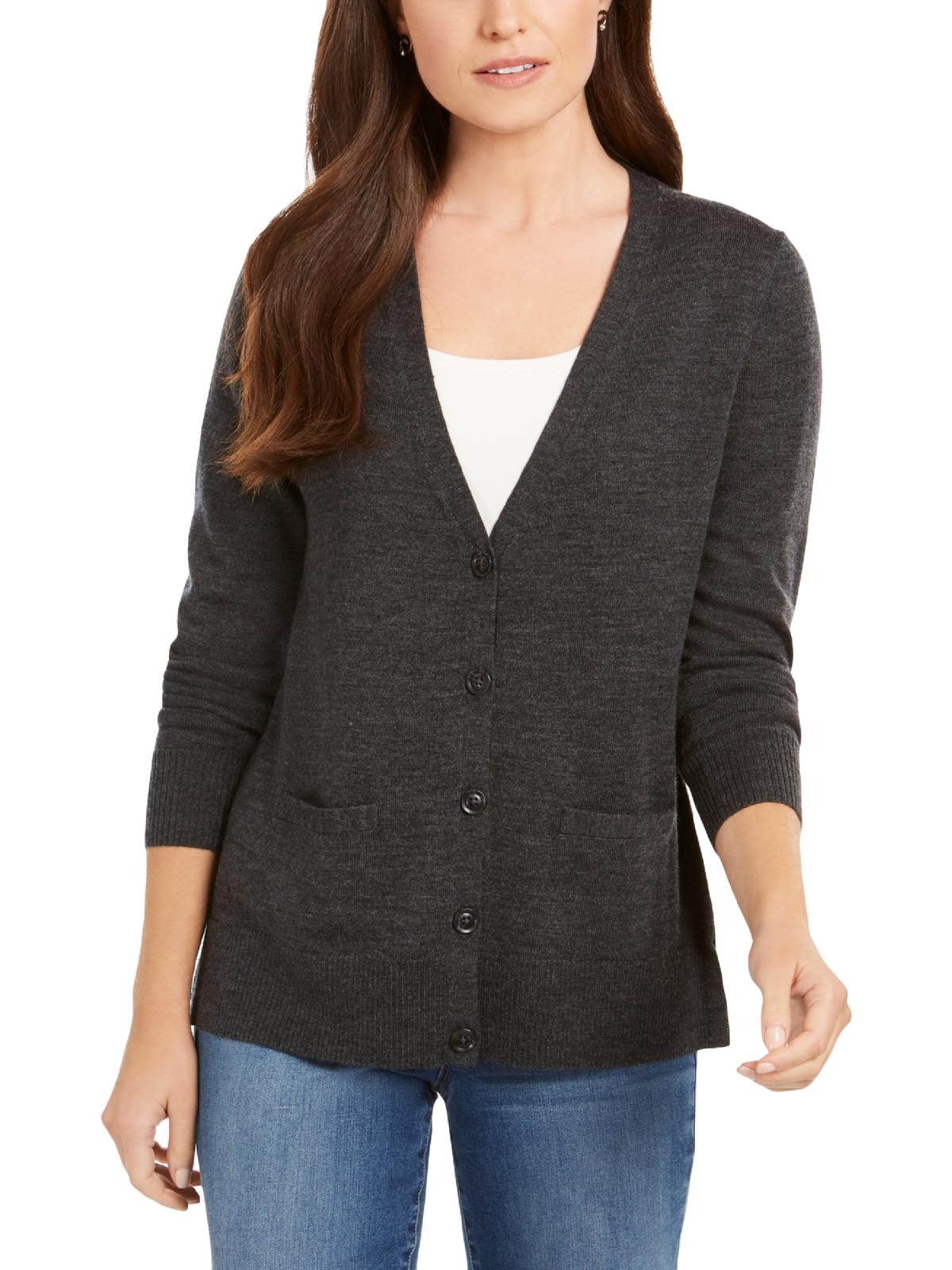 Charter Club Women's Merino Wool V Neck Cardigan Gray Size Medium