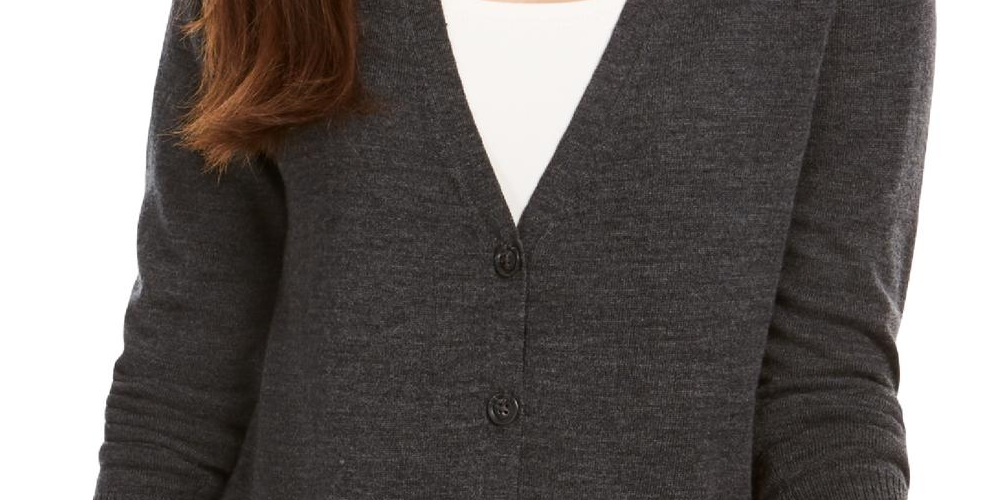 Charter Club Women's Merino Wool V Neck Cardigan Gray Size Medium