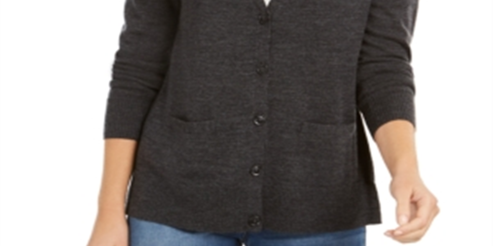Charter Club Women's Merino Wool V Neck Cardigan Gray Size Medium
