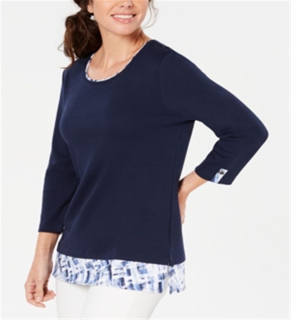 Karen Scott Women's Layered Look Solid & Plaid Top Blue Size XX-Large
