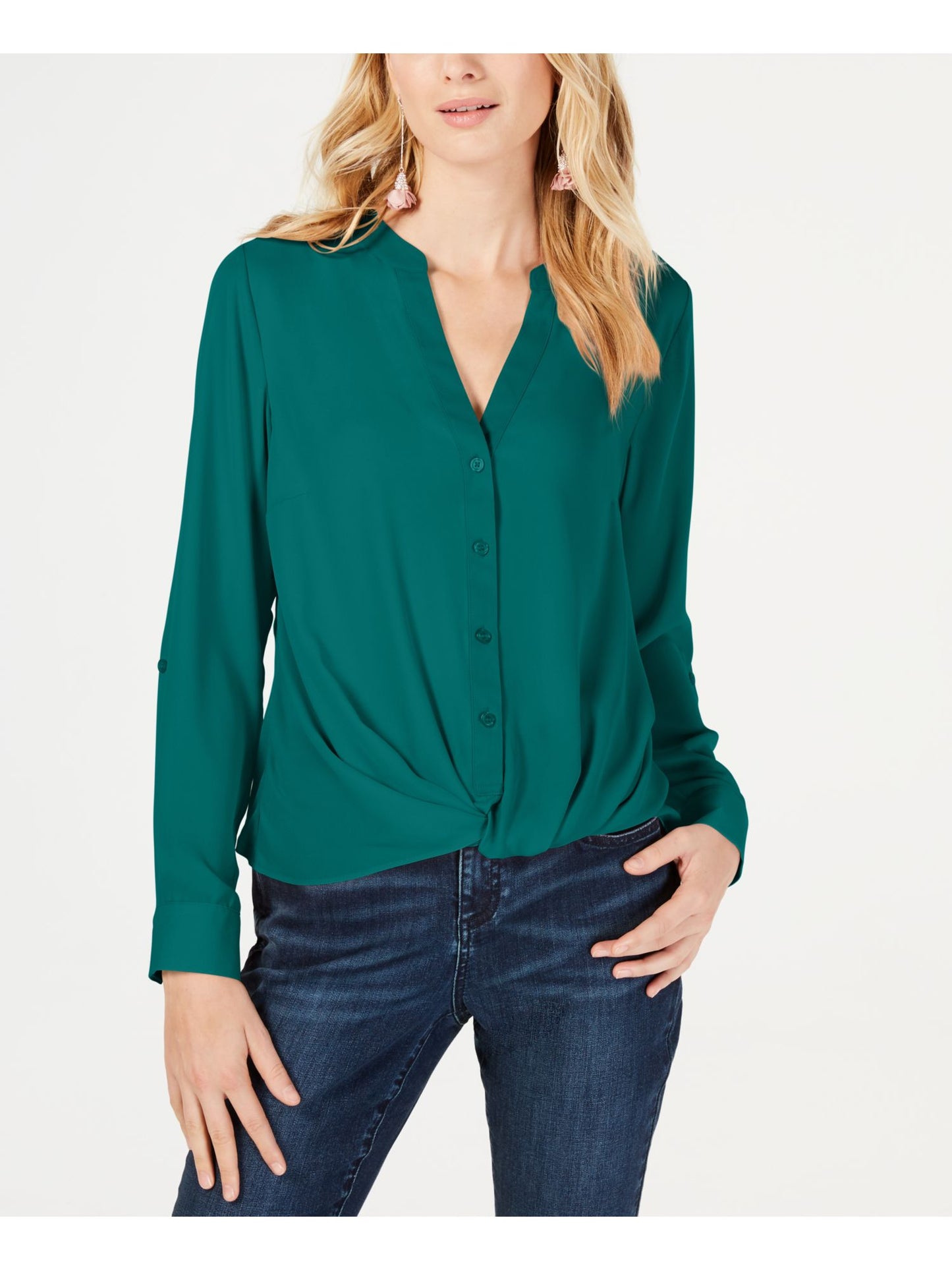 INC International Concepts Women's Twist Front Buttonup Top Green Size Petite L