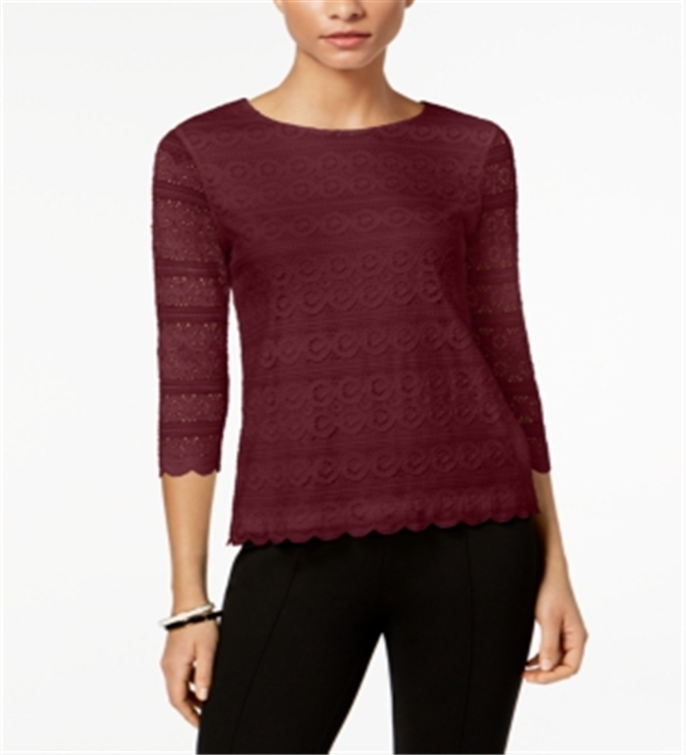 Charter Club Women's Lace 3/4 Sleeve Top Maroon Size Petite XL