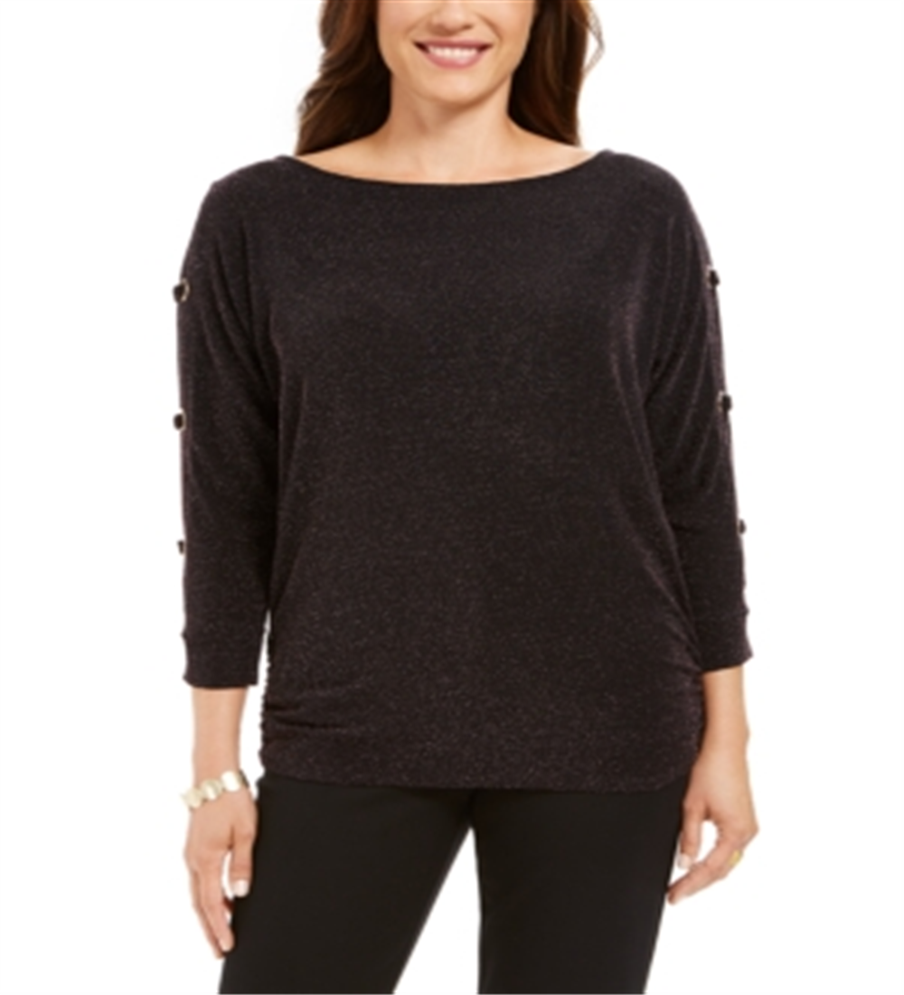 JM Collection Women's Split Sleeve Metallic Threaded Top Purple Size Large