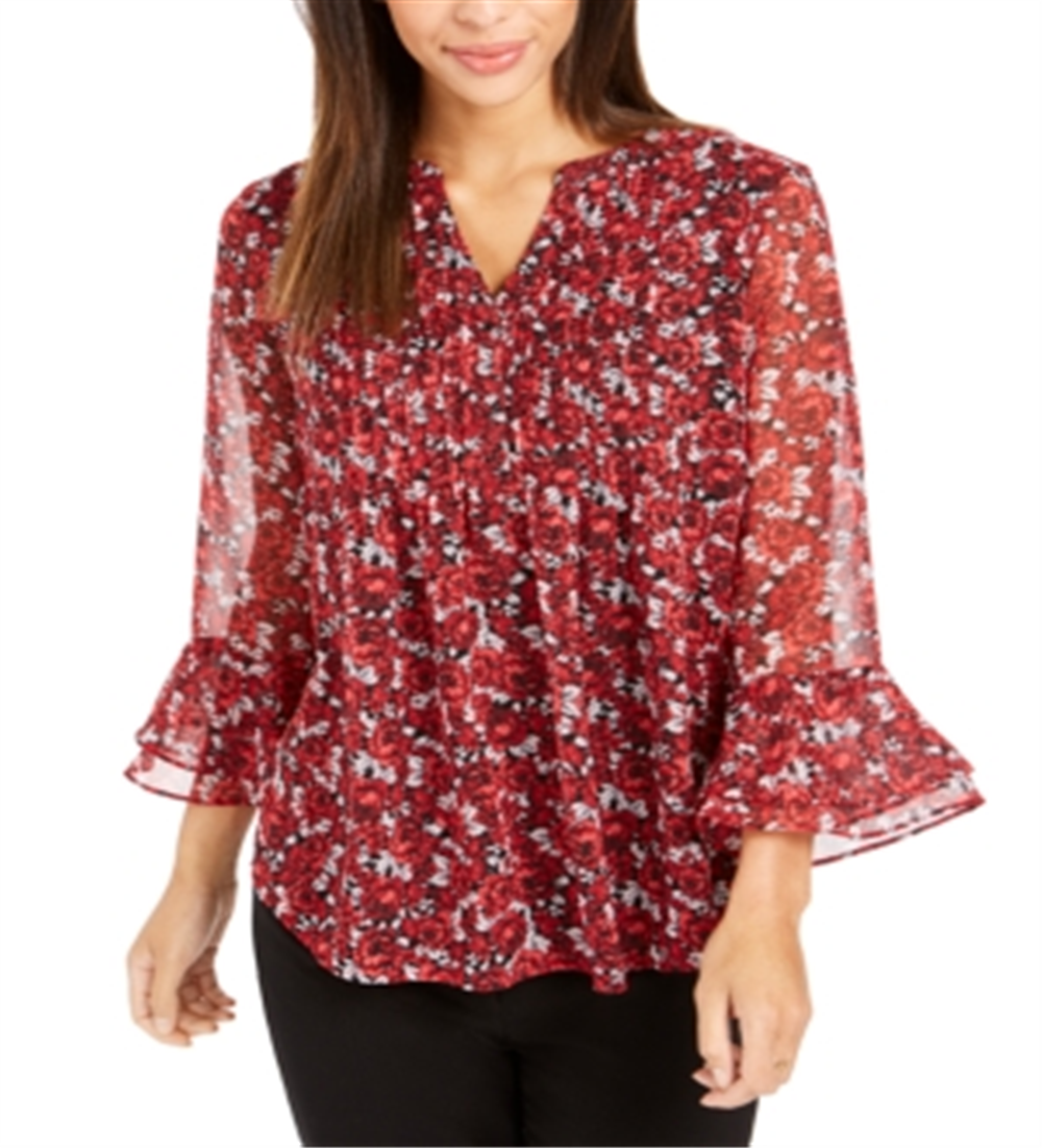 Charter Club Women's Floral Print Bell Sleeve Top Red Size Petite X-Large