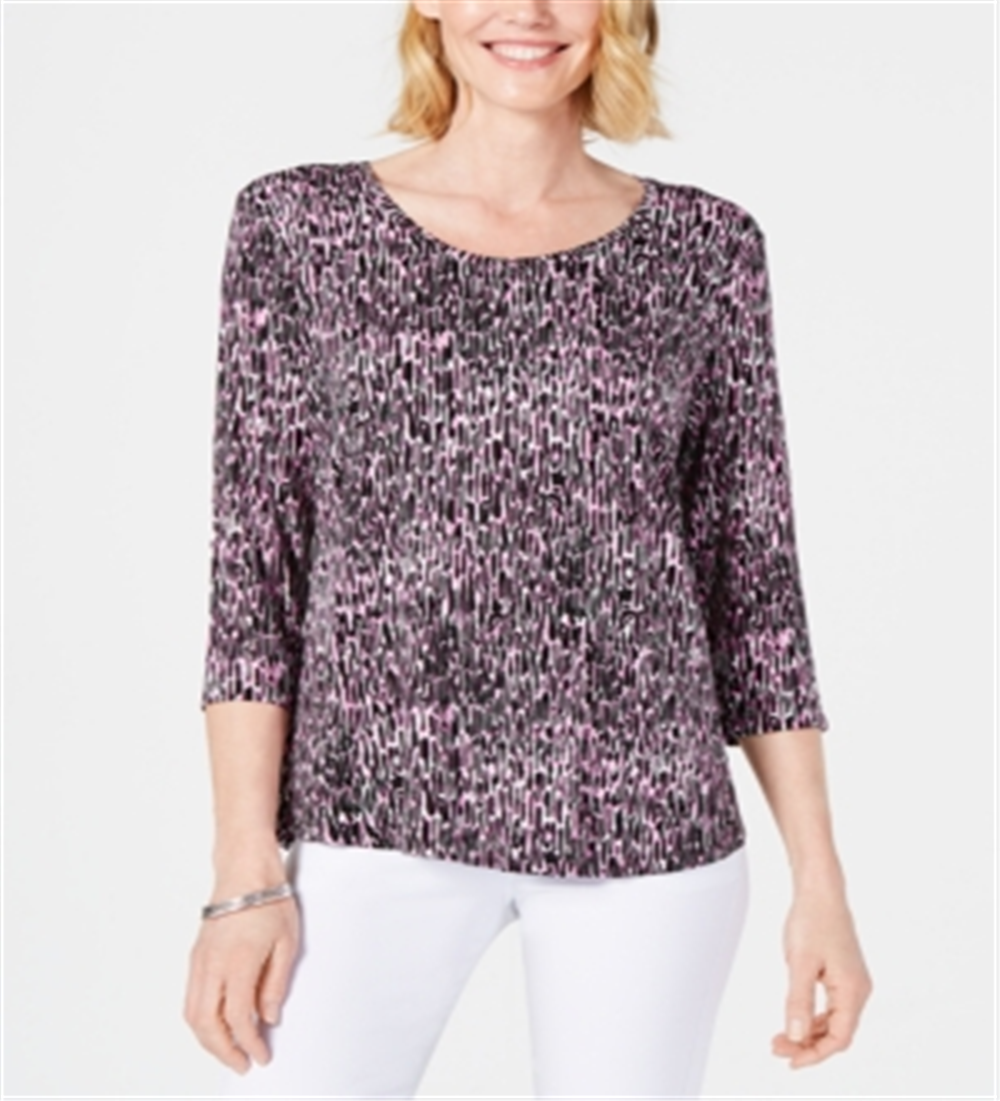 JM Collection Women's Printed 3/4 Sleeve Top Purple Size Petite XL