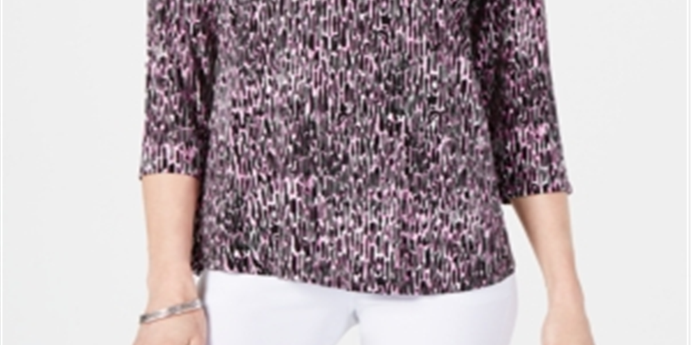 JM Collection Women's Printed 3/4 Sleeve Top Purple Size Petite XL