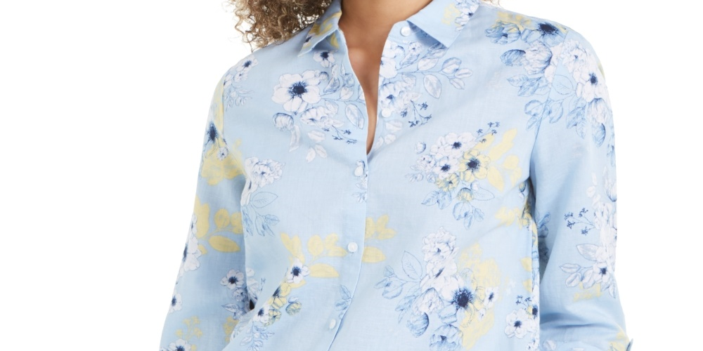Charter Club Women's Floral-Print Linen-Blend Shirt  Blue Size XX Large