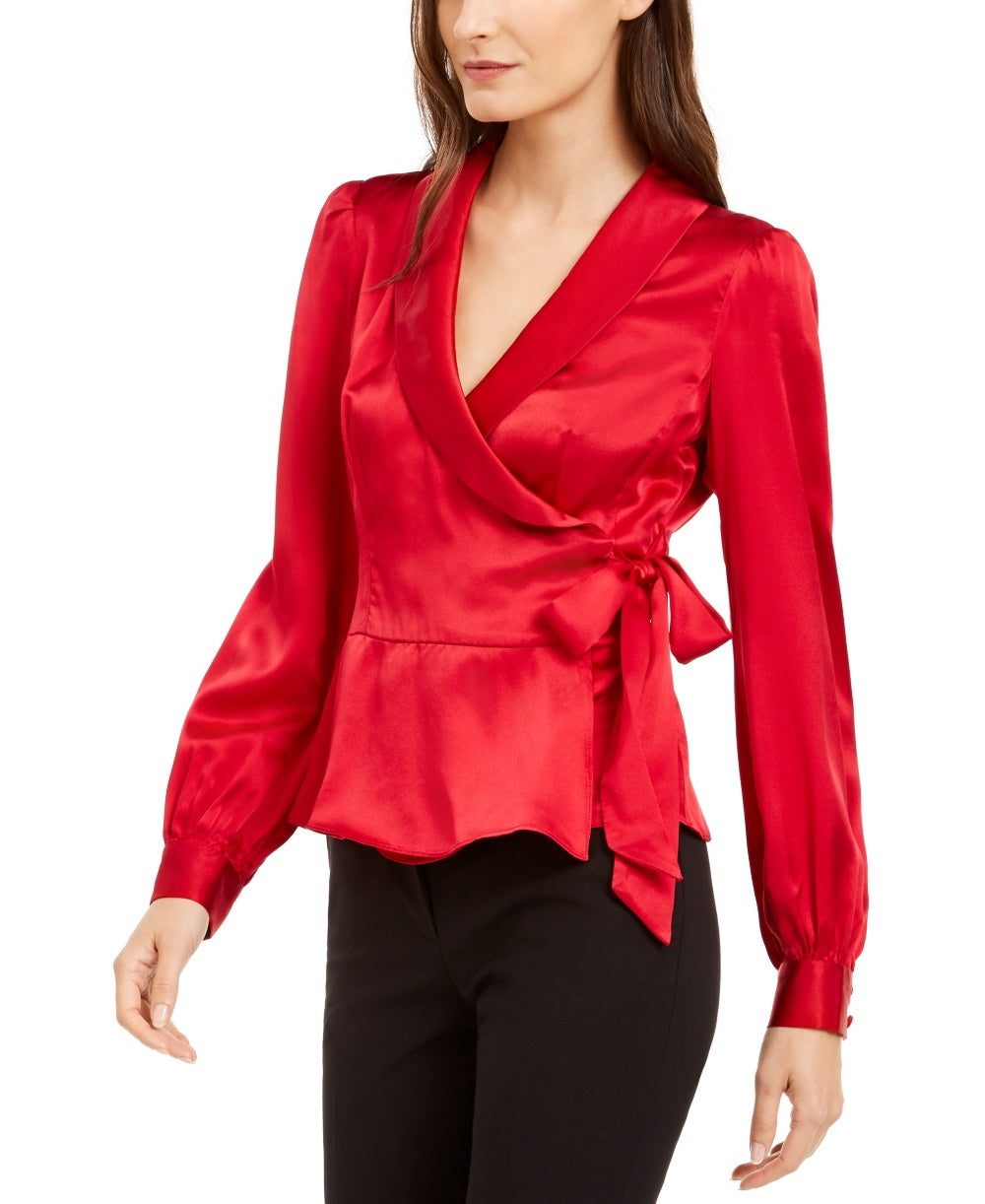 Nanette Lepore Women's Silk Wrap Peplum Top Bright Red Size 8
