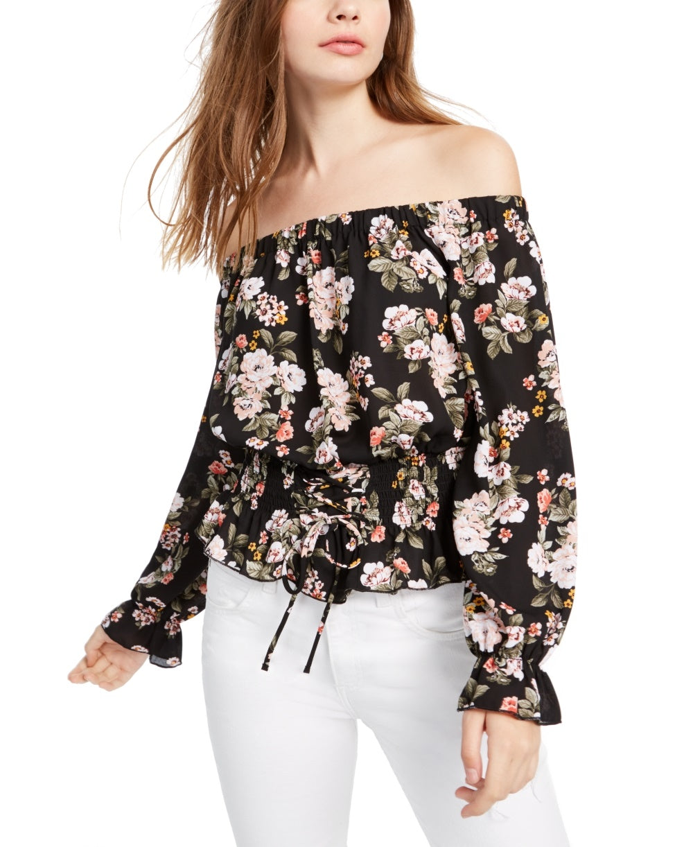 Ultra Flirt Juniors' Smocked Off-The-Shoulder Top Black Size Small