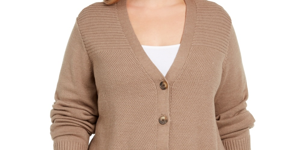Karen Scott Women's Plus Size Ribbed Knit Cardigan Sweater Brown -0X