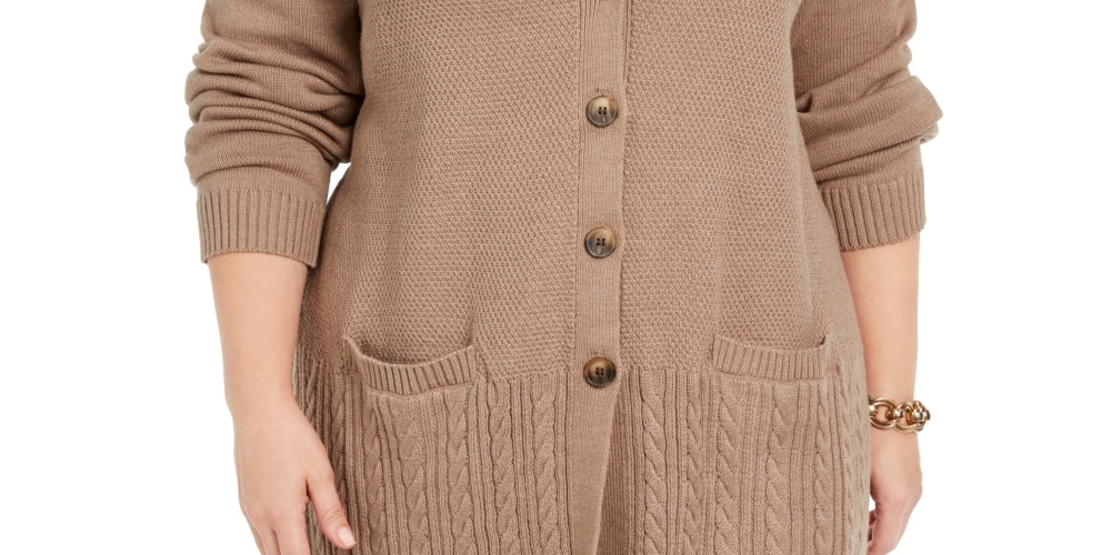 Karen Scott Women's Plus Size Ribbed Knit Cardigan Sweater Brown -0X
