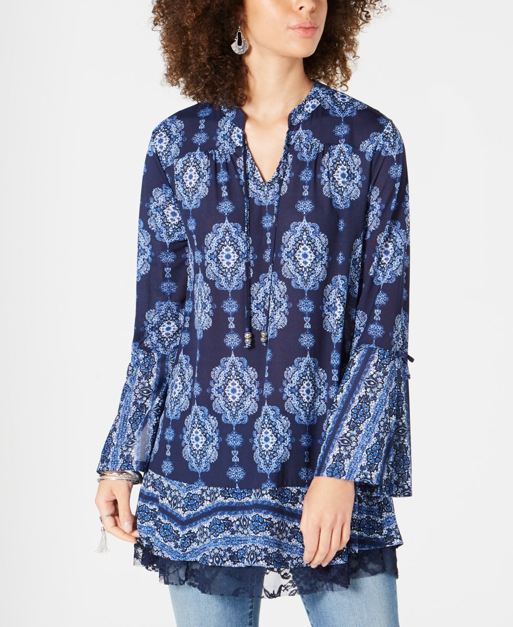 Style & Co Women's Printed Bell Sleeve Tunic Blue Size PP