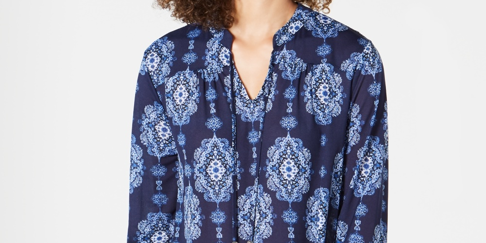 Style & Co Women's Printed Bell Sleeve Tunic Blue Size PP