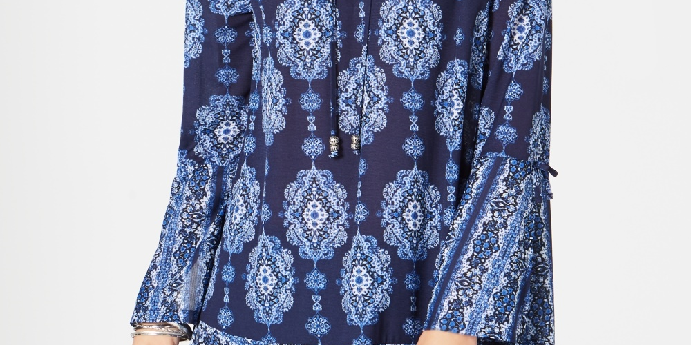 Style & Co Women's Printed Bell Sleeve Tunic Blue Size PP
