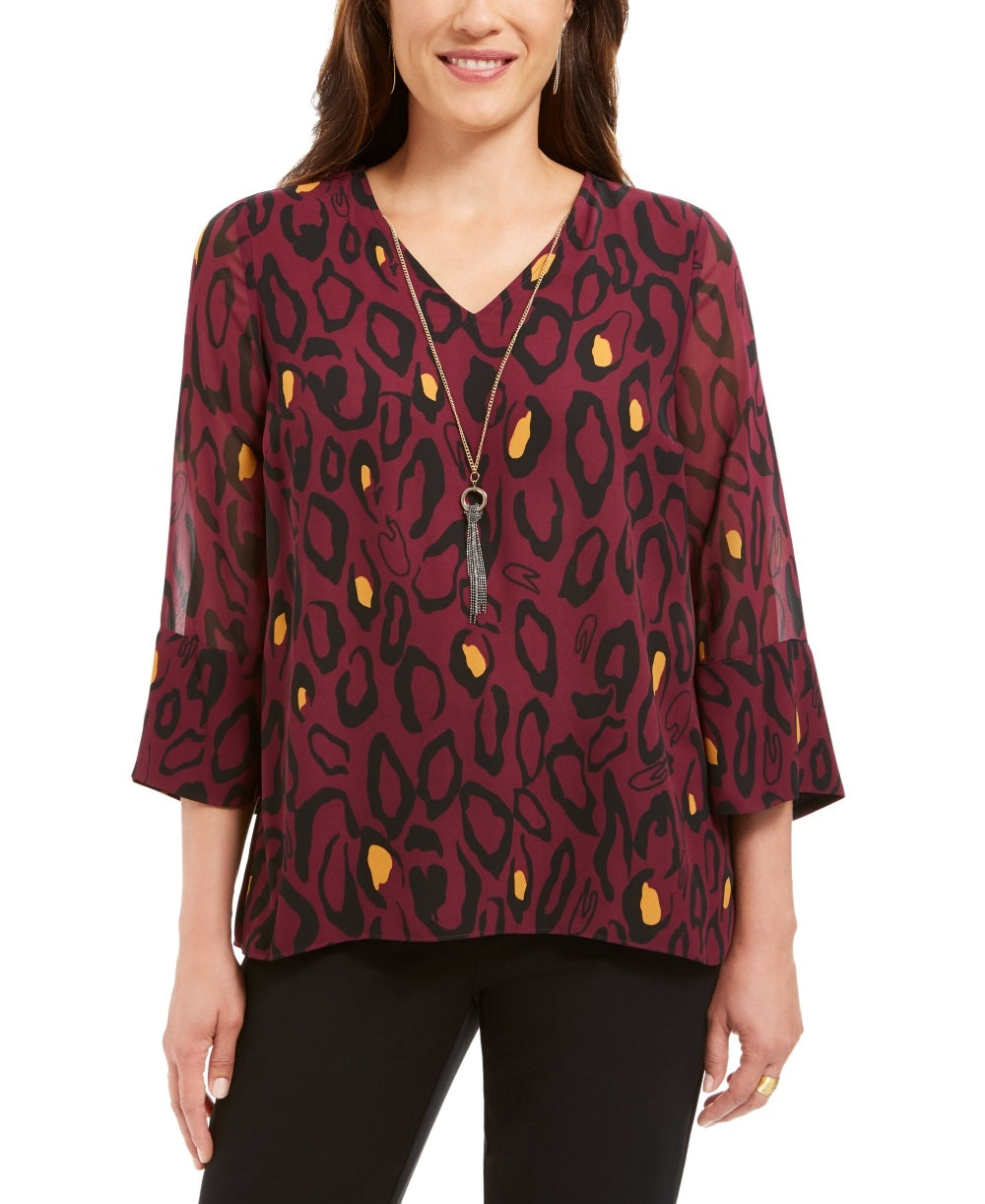 JM Collection Women's Printed Necklace Top Wine Size XX-Large