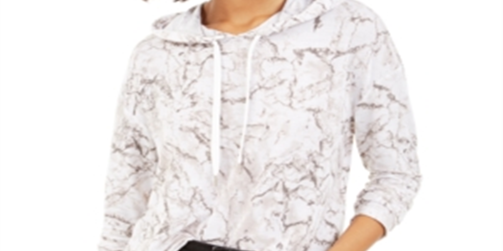 Bar III Women's Marble Print Pullover Hoodie White Size X-Large