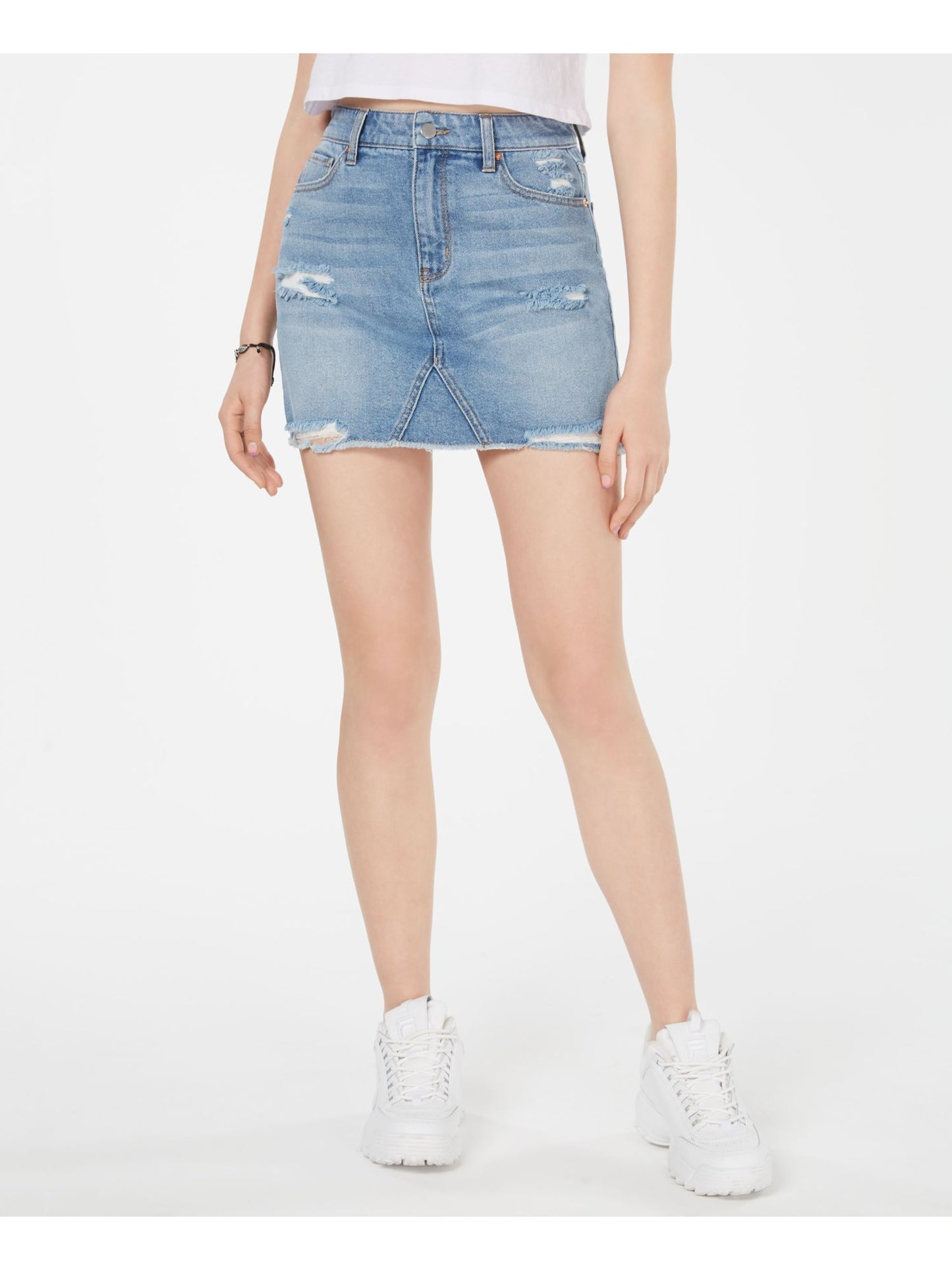 Tinseltown Women's Stretch Pocketed Zippered Raw hem Ripped Denim Mini Pencil Skirt Blue Size 13