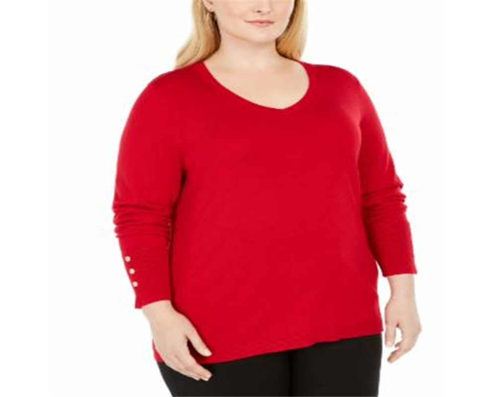JM Collection Women's Plus Button Cuff V Neck Sweater Red Size 3X