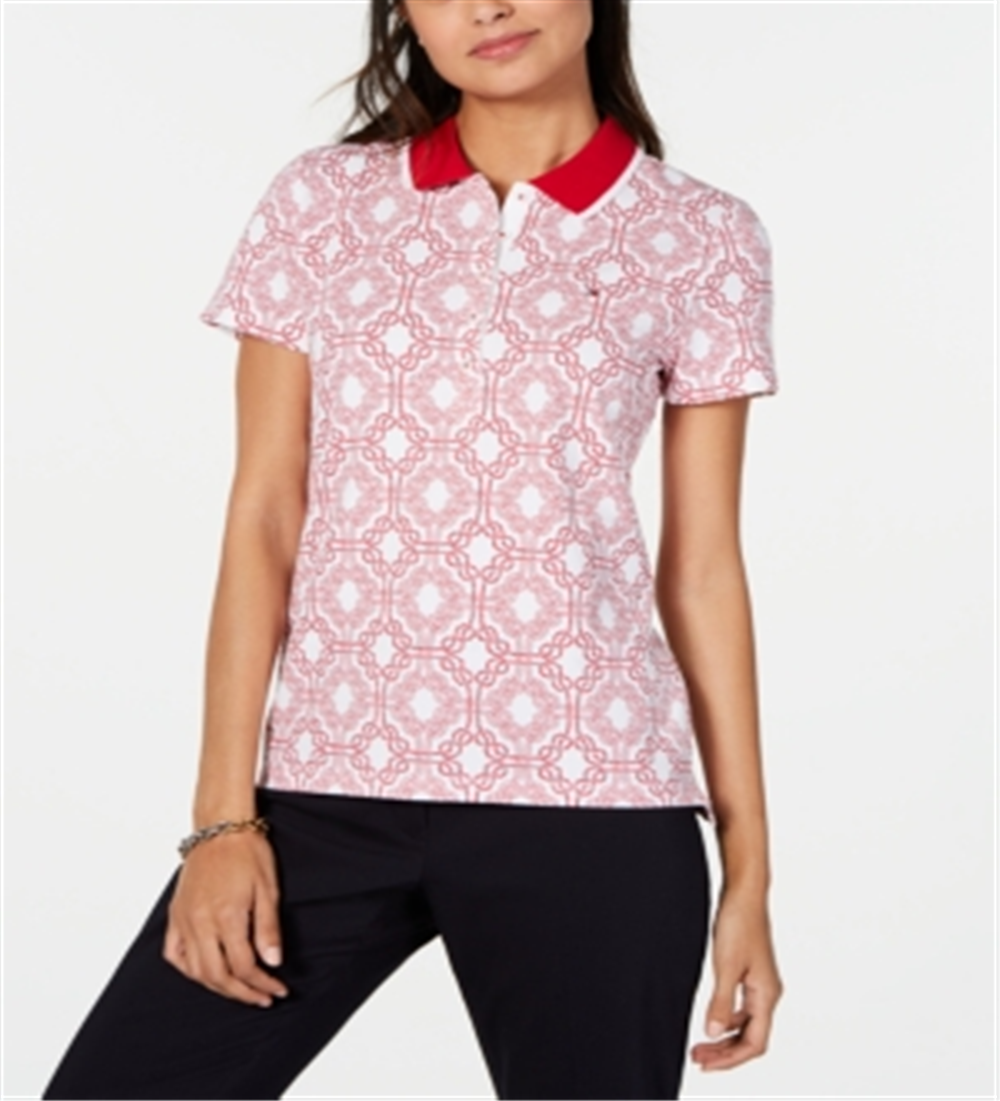Tommy Hilfiger Women's Printed Short Sleeve Polo Red Size M