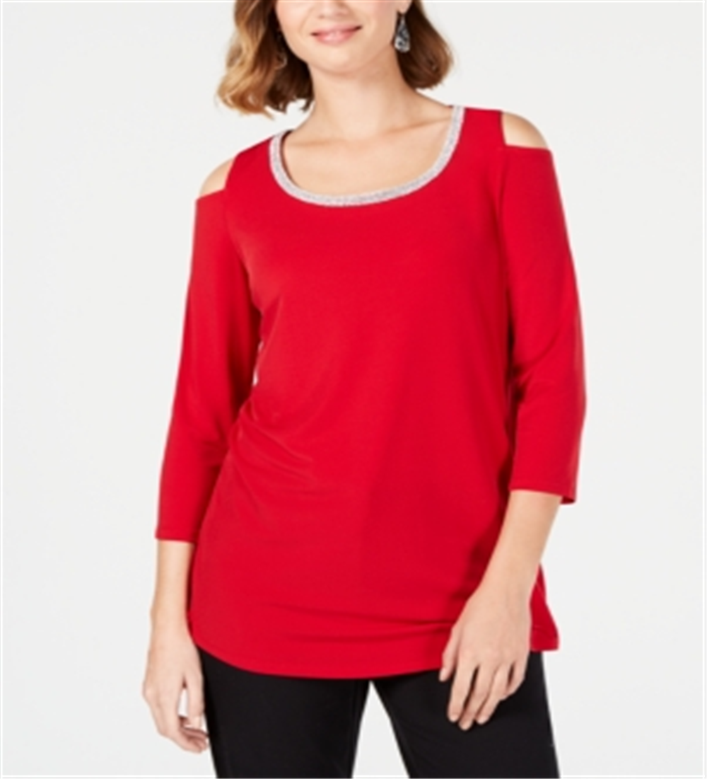 JM Collection Women's Embellished Cold Shoulder Top Red Size Small