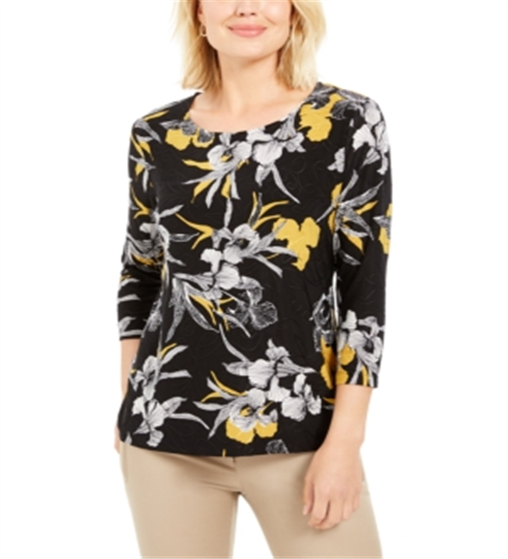 JM Collection Women's Printed Jacquard Top Black Size Large