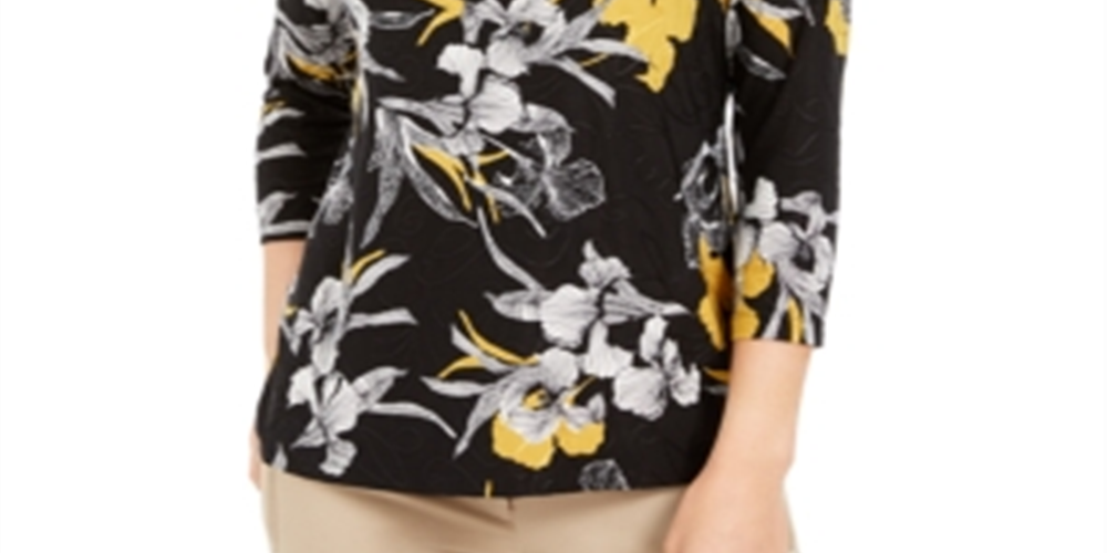 JM Collection Women's Printed Jacquard Top Black Size Large