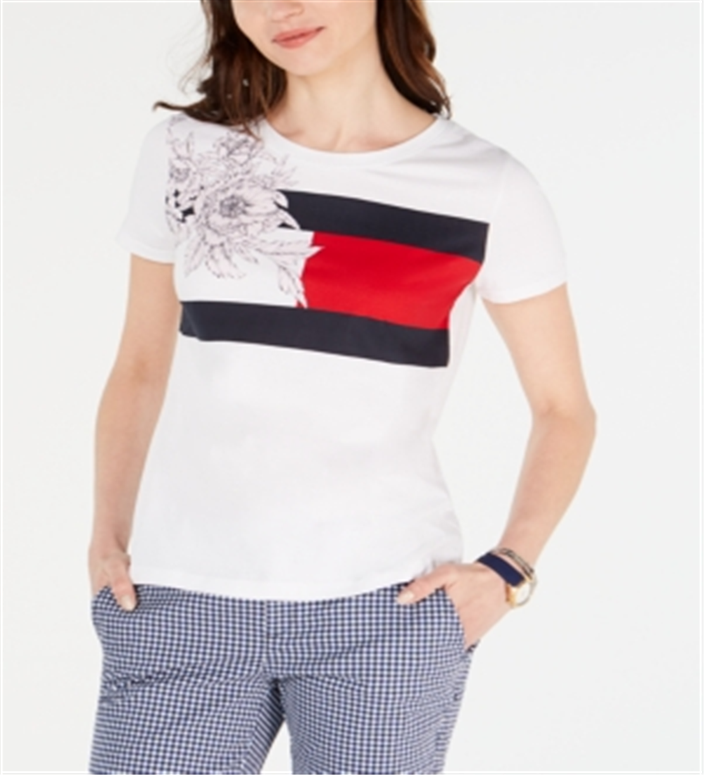 Tommy Hilfiger Women's Floral Flag Printed Cotton T-Shirt White Size X-Large