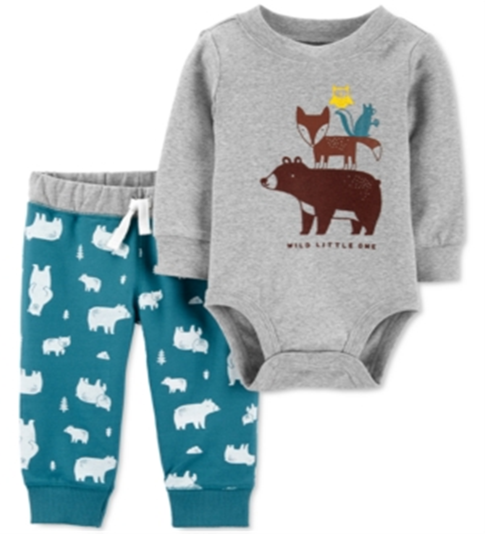 Carter's Baby Boy's 2 Pc Cotton Woodland Creatures Bodysuit & Jogger Pants Set Gray Size 9MOS