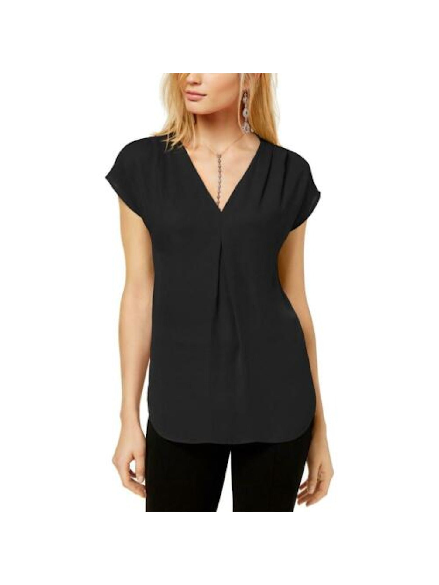 INC International Concepts Women's Cap Sleeve V Neck Top Black Size Large