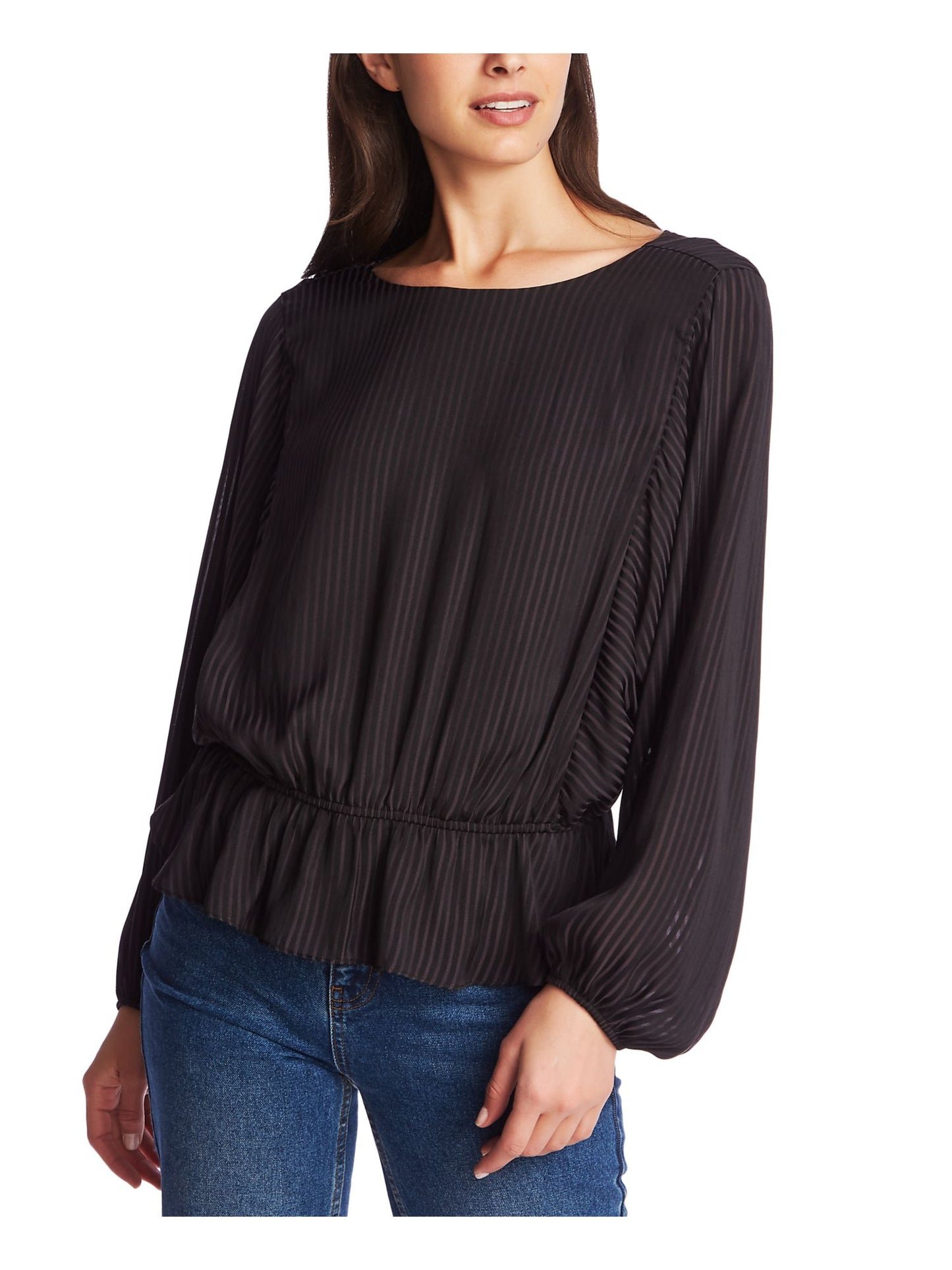 1.STATE Women's Long Sleeve Jewel Neck Peplum Top Black Size Large