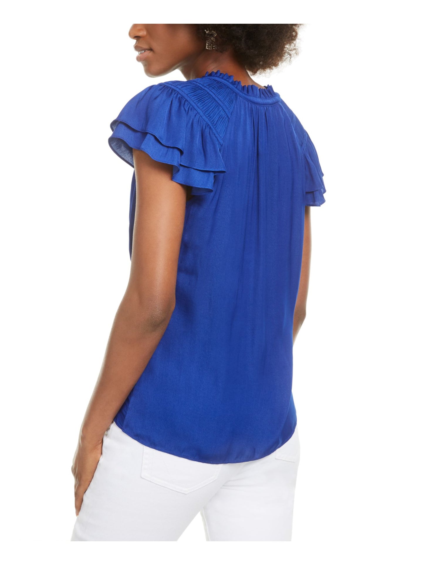 Current Air Women's Ruffled Short Sleeve V Neck Hi Lo Top Blue Size Medium