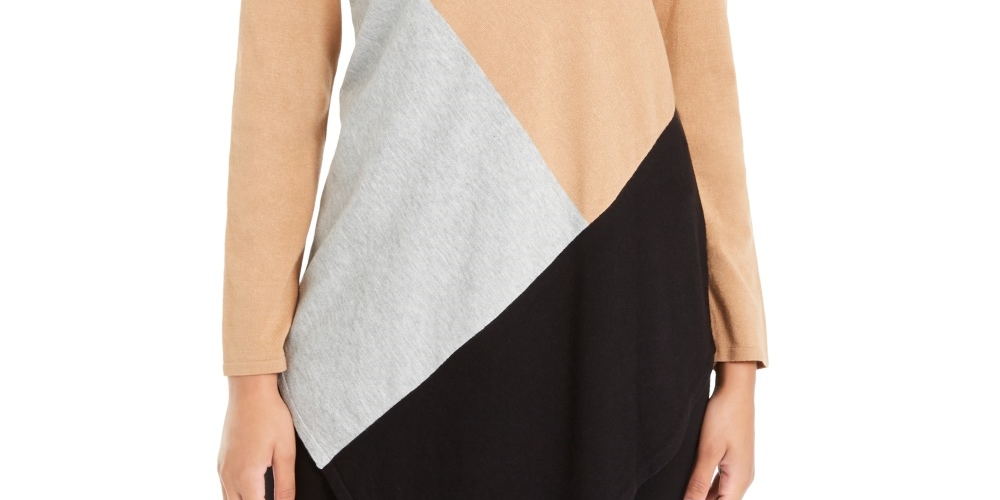 Alfani Women's Colorblocked Asymmetrical Tunic Khaki Size Petite Medium