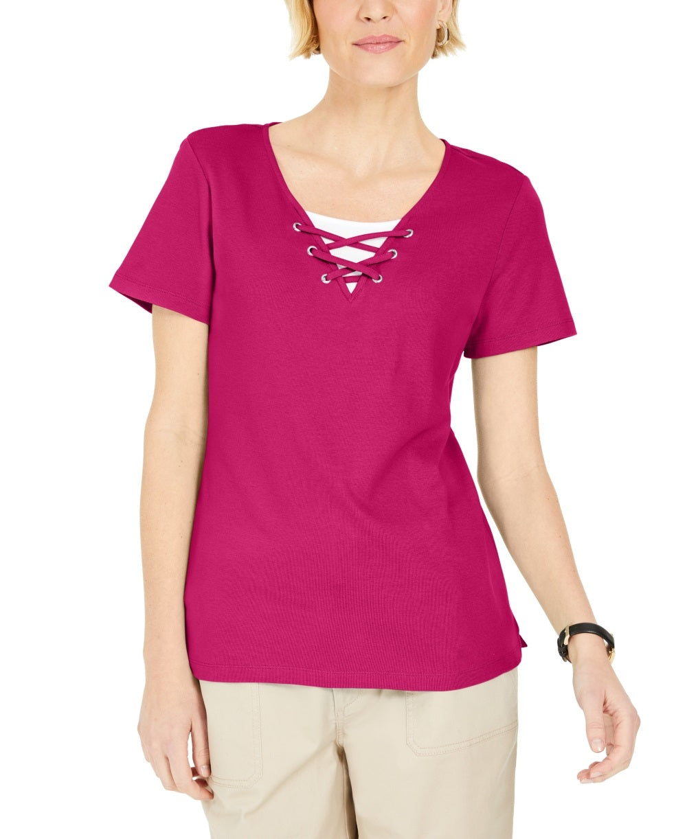 Karen Scott Women's Lace Up Layered Look Top Pink Size Medium