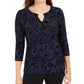JM Collection Women's Flocked Velvet Jacquard Top Navy Size X-Small
