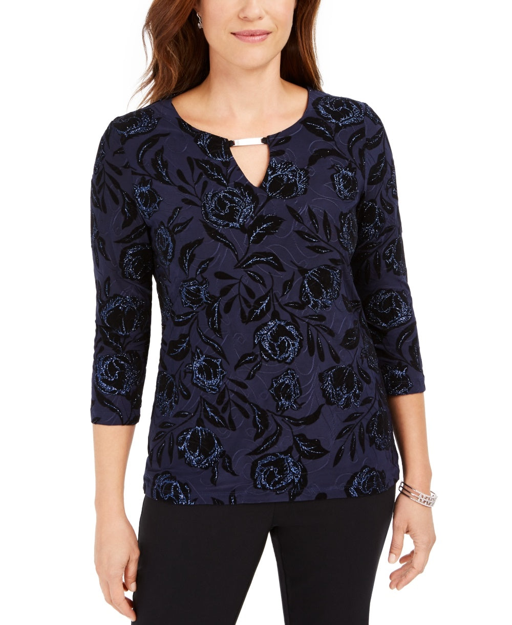 JM Collection Women's Flocked Velvet Jacquard Top Navy Size X-Small
