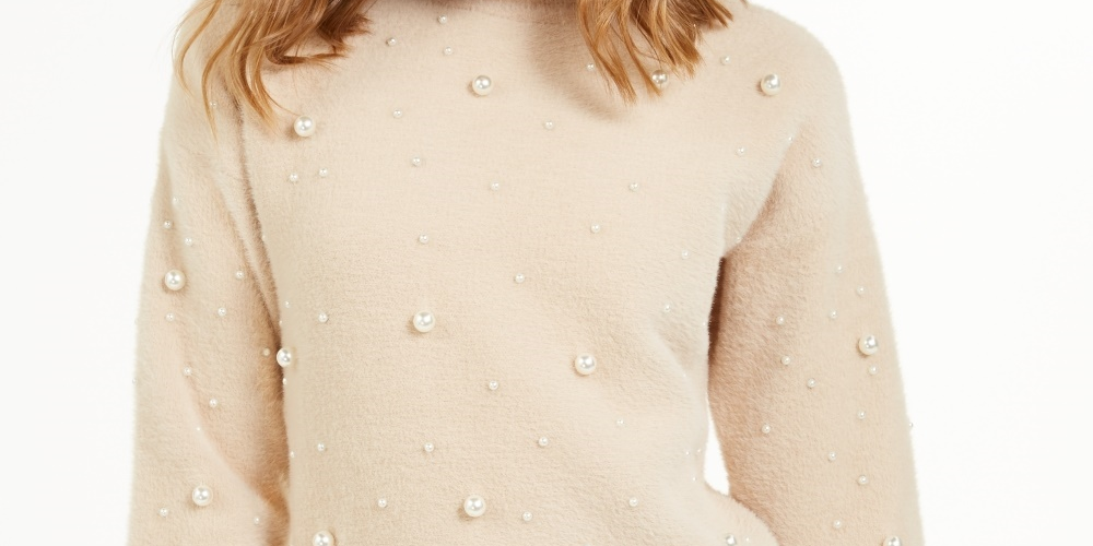 Alfani Women's Scattered Faux Pearl Sweater Beige Size Petite X-Large