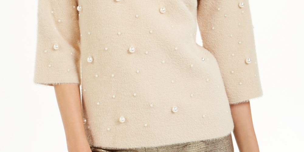 Alfani Women's Scattered Faux Pearl Sweater Beige Size Petite X-Large