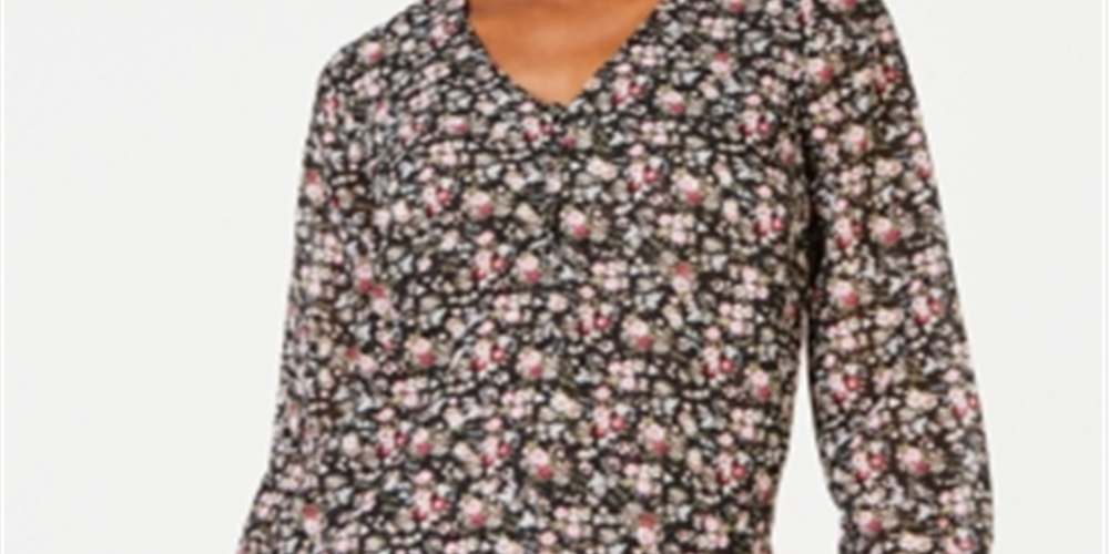 Maison Jules Women's Printed V Neck Blouse Black Size Medium