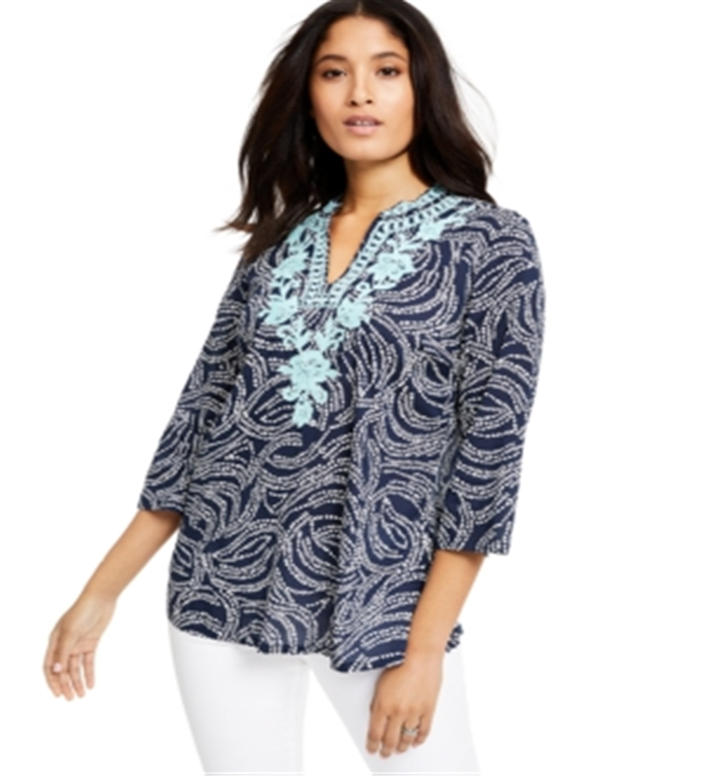 Charter Club Women's Embroidered Printed Split Neck Top Blue Size Small