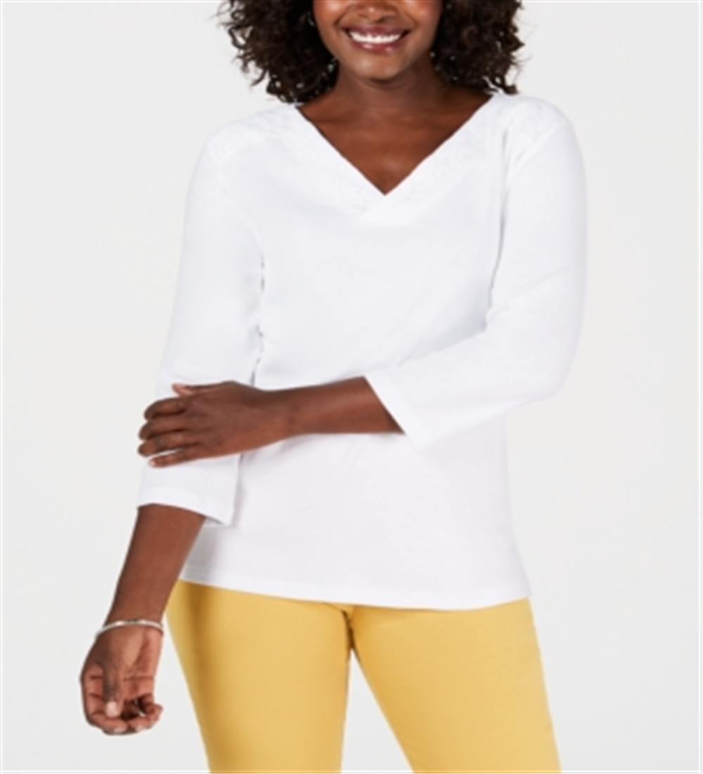 Karen Scott Women's Eyelet Trim Top White Size X-Small